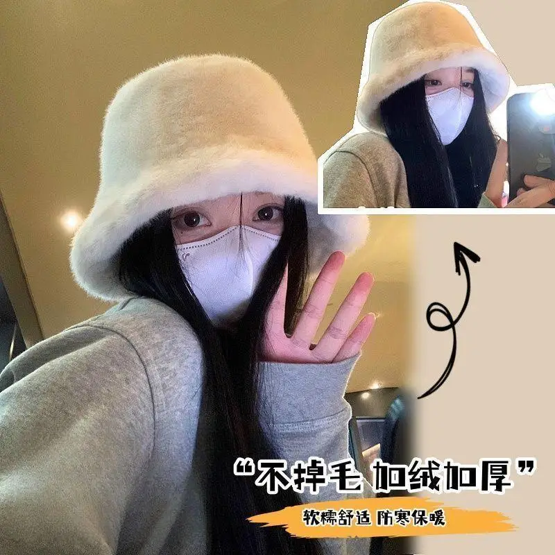 

Warm Women's Fashion Solid Color Plush Hat Winter Windproof Bucket Hats Fluffy Fisherman's Hat Ear Protection Cap Panama Caps