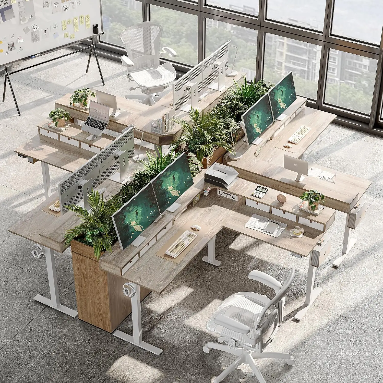 L Shaped Electric Standing Desk 75x61 Inch 6 Drawers Upper Shelf Splice Board, Corner Sit Stand Computer Table Maple, Customized