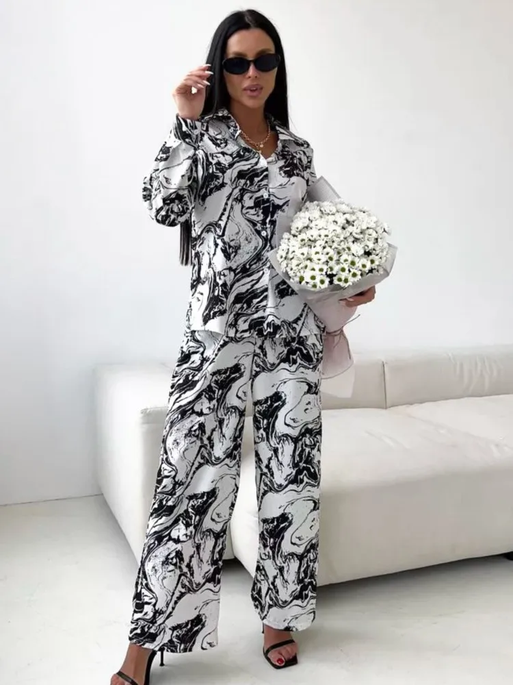 

Модные брючные костюмы с принтом, женские рубашки с длинным рукавом и широкие брюки, комплекты из двух предметов, осень 2024, повседневная одежда