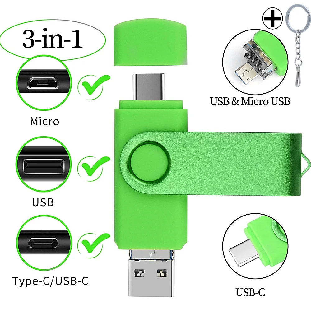 OTG USB Flash Drives para Smart Phone, Rotação de 360 °, Mini Memória, Disco U de alta capacidade, Micro, Tipo-C, USB, 256GB, 64GB, 32GB, 128GB