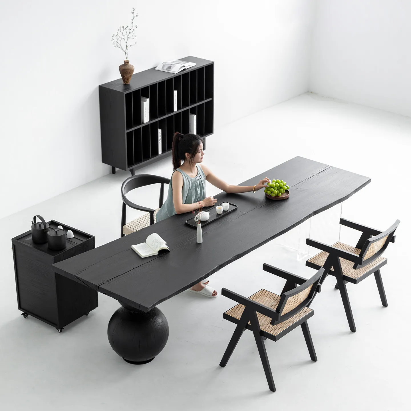 bookcase, ash wood black side cabinet, living room large-capacity storage multi-layer magazine solid wood bookshelf