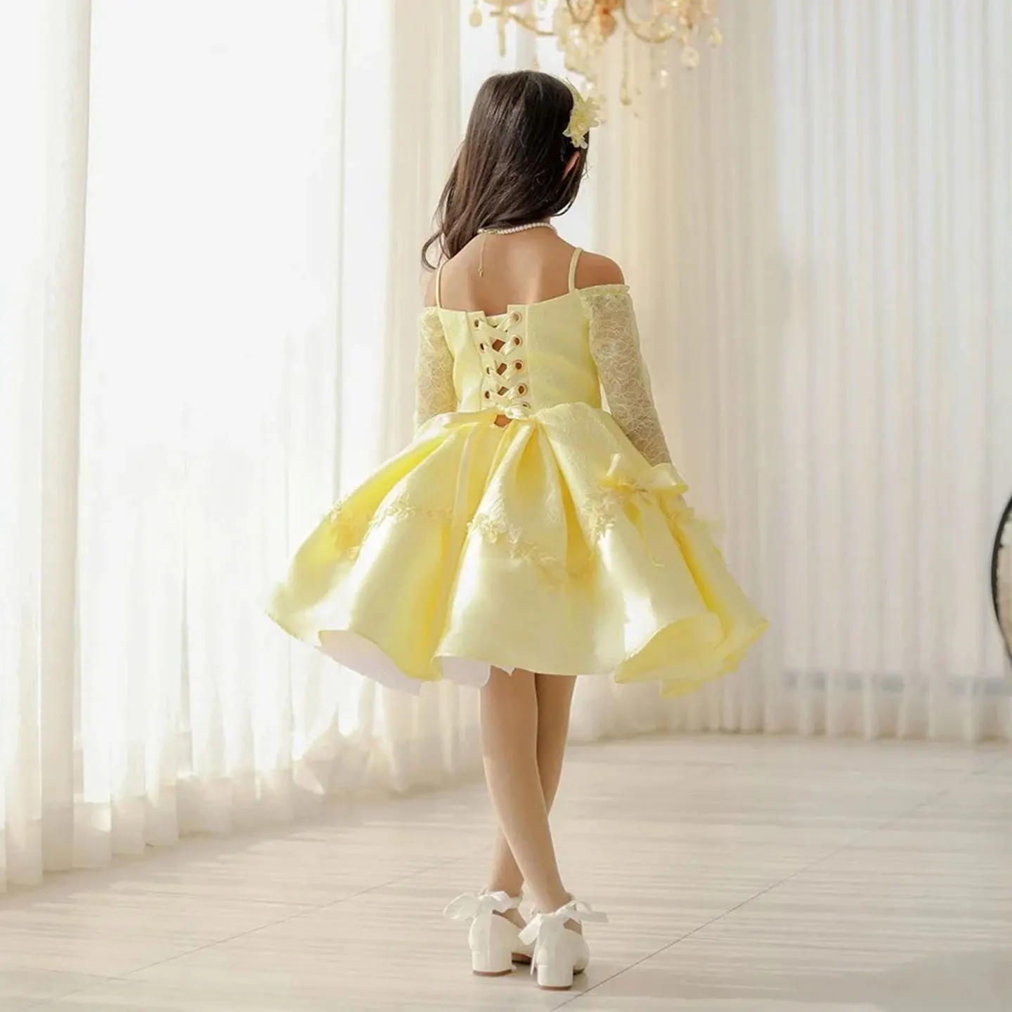 Dreamy Vow D296 Yellow Off Shoulder Lace Long Sleeve Girls Princess Dress, Multi Bow Kids Birthday Pageant Party Gown