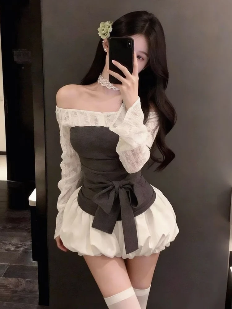

Pure Desire Beautiful One-Shoulder Design Belted Long Sleeve Top Flower Bud Short Skirt Elegant Sweet And Spicy Chic Two-Piec...