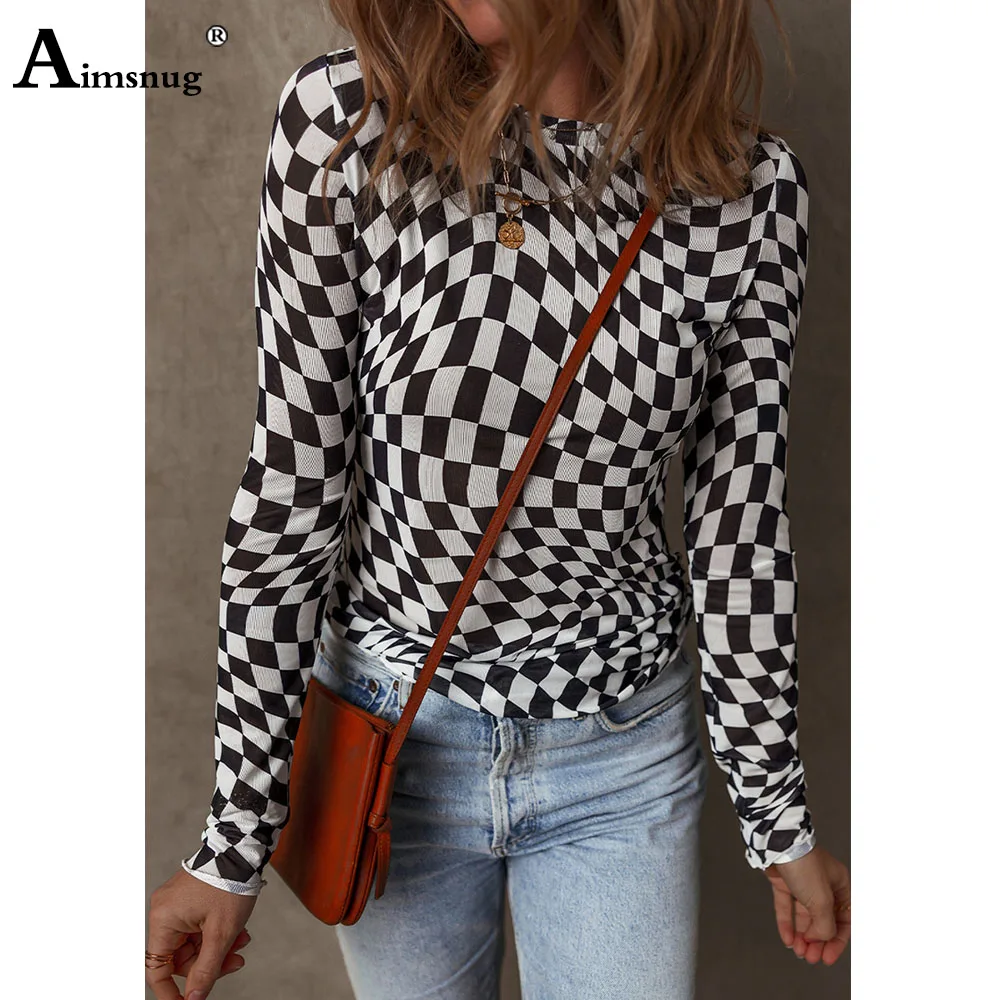 Frauen Beiläufige Dünne Tees Shirts Modell Plaid Print T-shirt Weibliche Lange Ärmel Grundlegende Top Rundhals Tunika Hemd Femmes Kleidung
