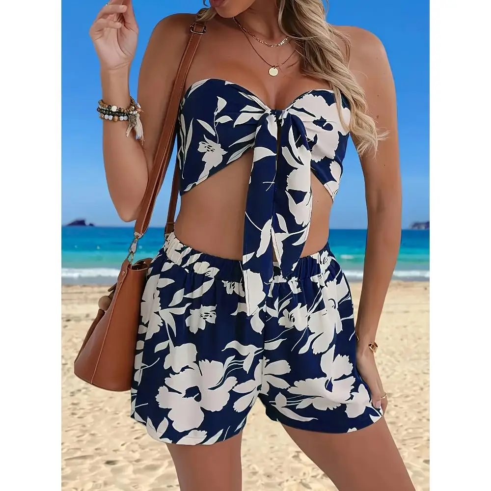 1 Set of sexy Summer Women's Set, sexy Strapless Top and Breathable Shorts, Comfortable and Soft Fabric, Suitable for Beach.
