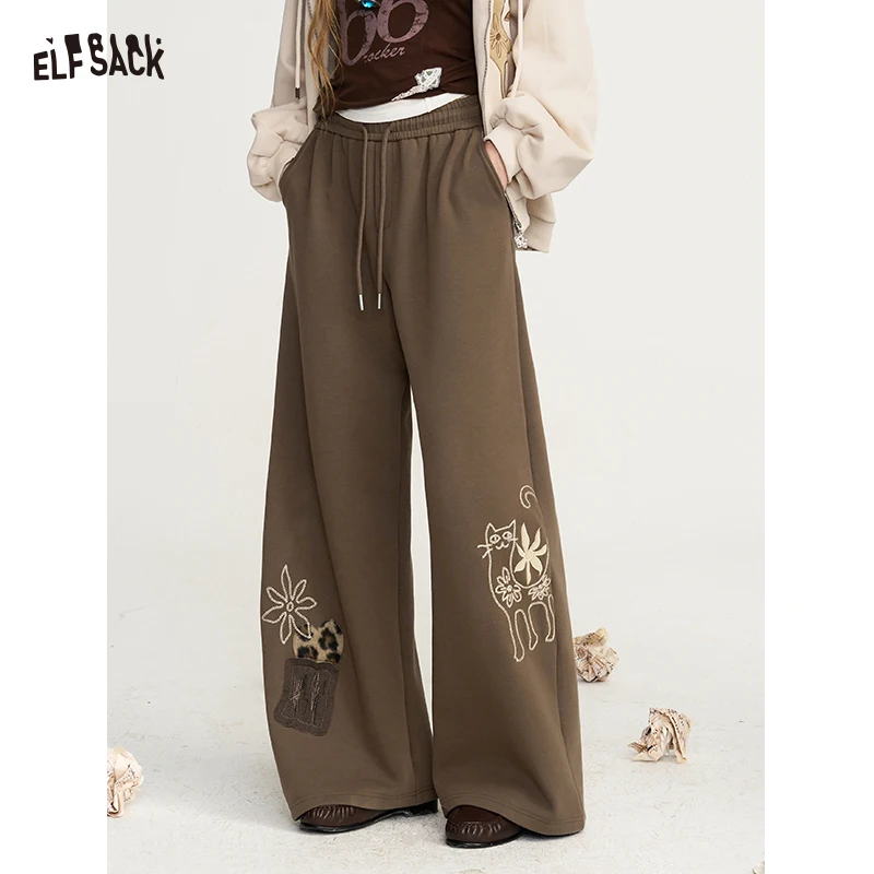 ELFSACK Women's Loose Wide Leg Pants with Cat Floral Leopard Print, Casual Cozy Everyday Trousers