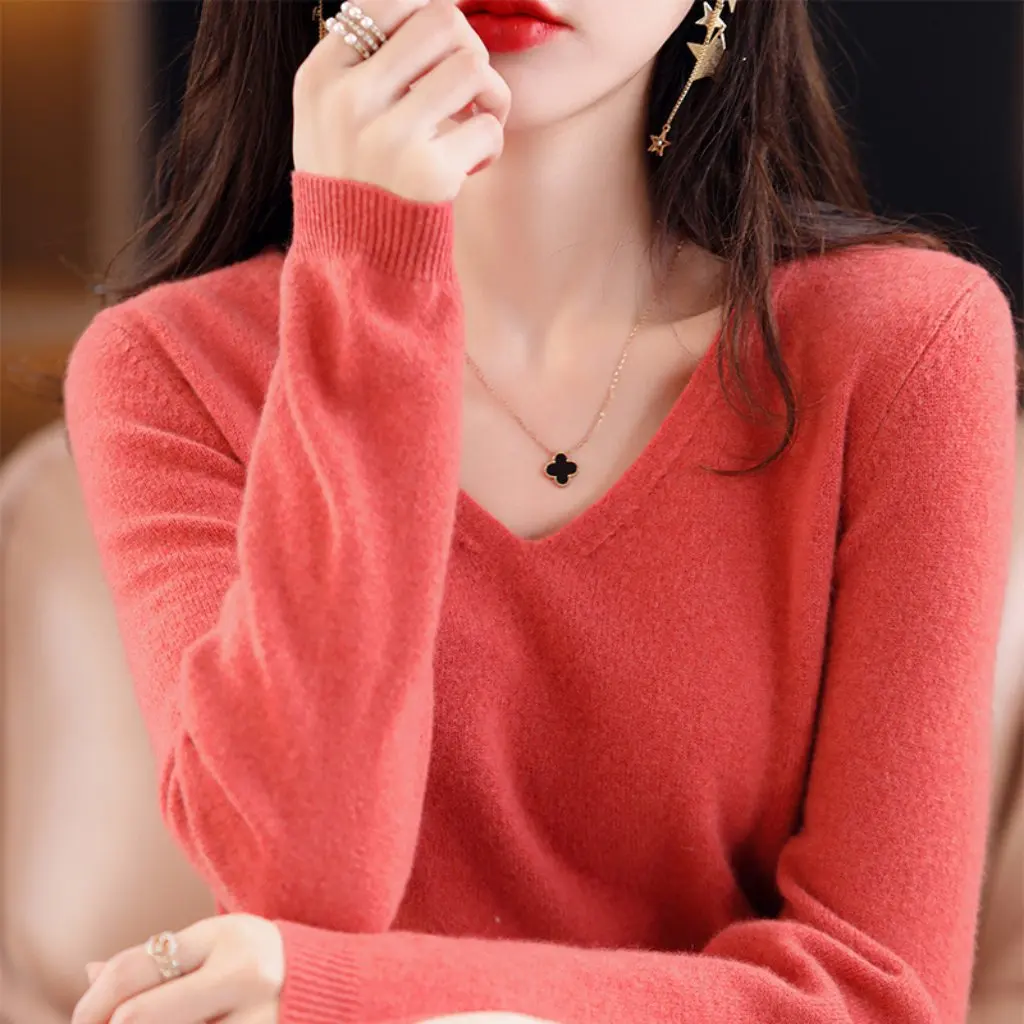 Damen-Pullover mit V-Ausschnitt, Frühlingsschwarz, lockere lange Ärmel, niedriger Kragen, gestricktes Oberteil, Hemd mit Boden