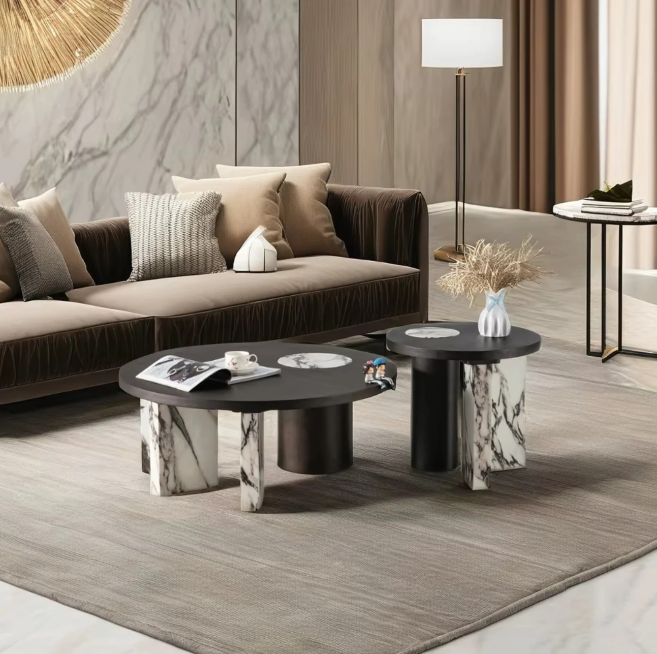 #Luxury Convertible Marble Stick Leg Coffee Table With Durable Wooden Veneer Top Modern Design For Home Living Room Hotel Loft