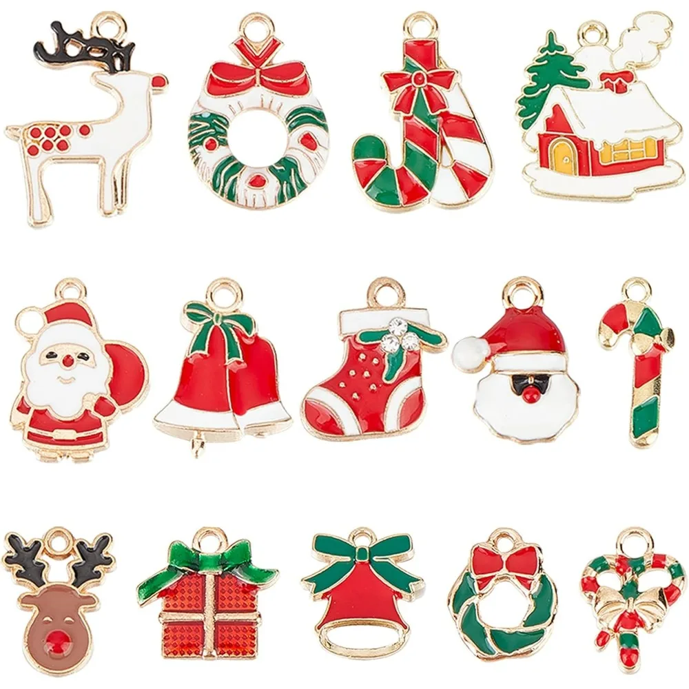 1 Box 56Pcs 14 Style Christmas Enamel Charms Winter Charm Christmas Charms Bulk Xmas Jingle Bell Santa Claus Charms for