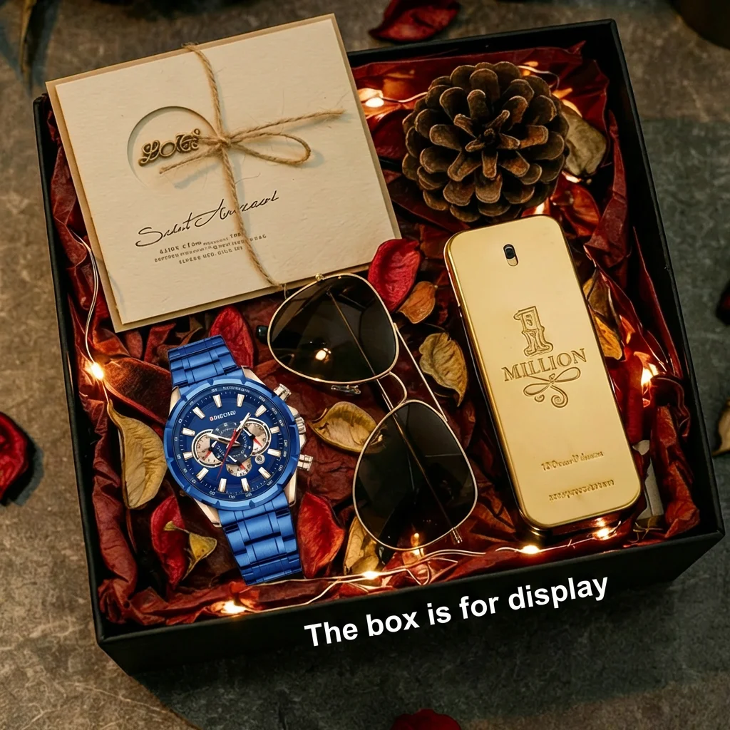 

4pcs Men's Blue & Rose Gold Stainless Steel Sporty Chronograph Sunglasses Perfume Quartz Watch Gift Set Birthday, Anniversary.