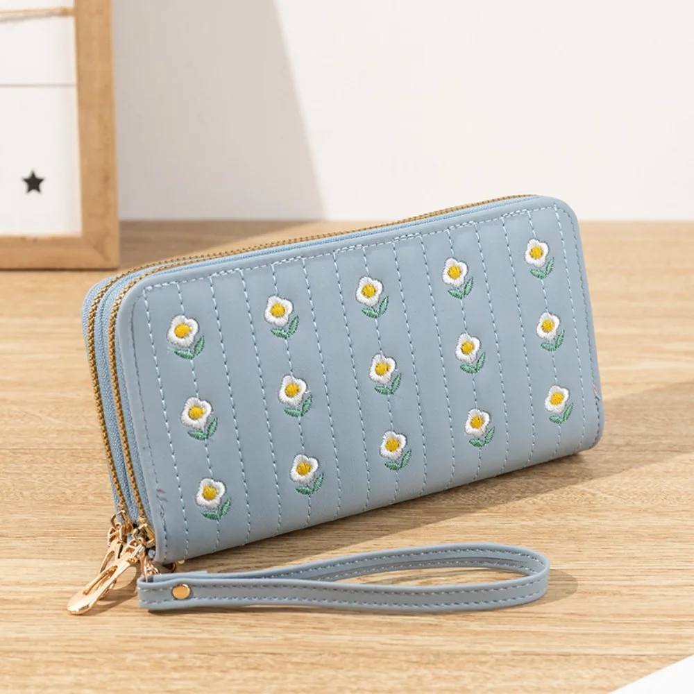 Dompet Panjang Ritsleting Ganda untuk Wanita Dompet Koin Bordir Bunga Fashion Tempat Kartu Tas Uang Ponsel Clutch Kulit PU Wanita