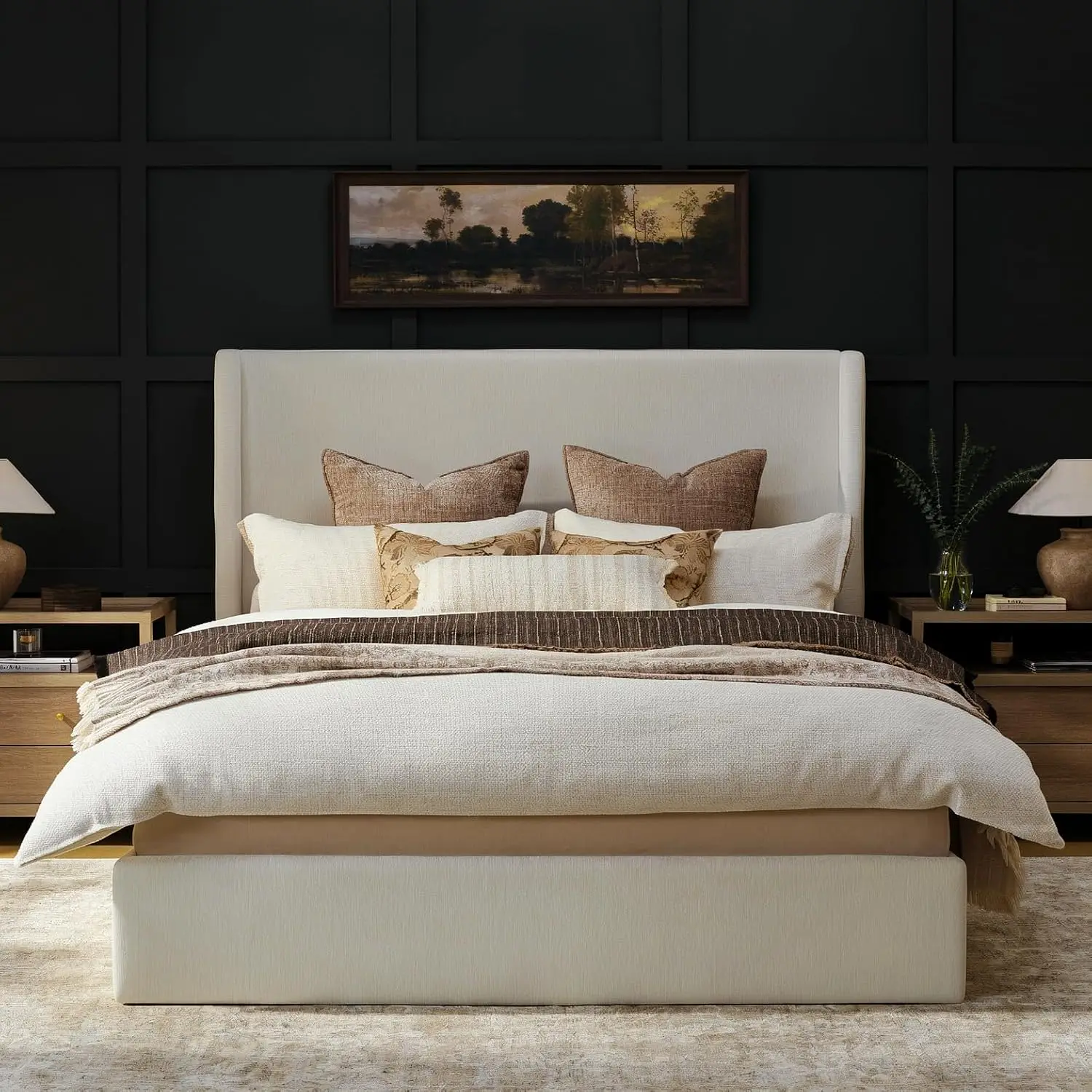 Upholstered Platform Bed King Size Tall Wingback Headboard Wood Slat Support No Box Spring Needed Bedroom Furniture, Customized