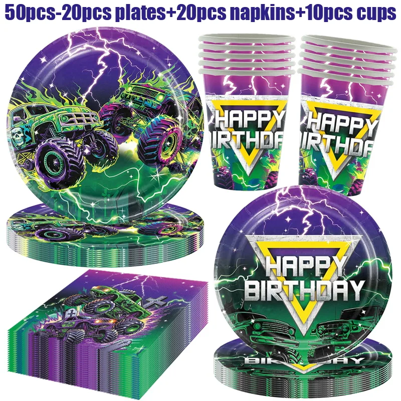 Monster Truck Geburtstagsdekorationen Geschirr Teller Tasse Geschenk Monster Truck Geburtstag Partyzubehör Ballon Hintergrund Party Setup – Detail 2