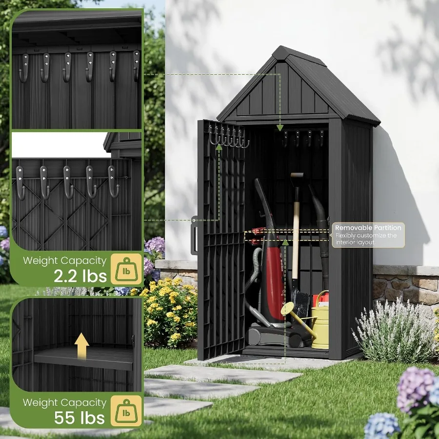 Outdoor resin storage cabinet for garden patio lawn use: weatherproof, gray, reinforced floor and lock ring with removable shel