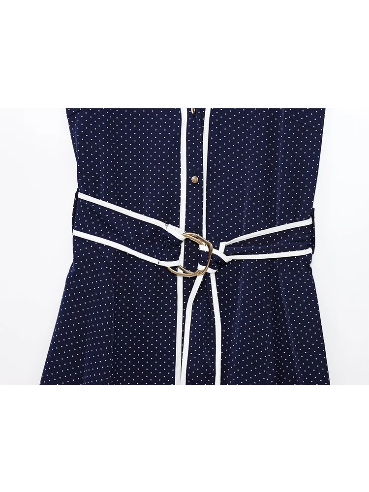 TFMLN新作 レディースファッション 水玉プリント シャツワンピース ベルト付き レトロ ラペル ノースリーブ ボタンアップ ミディ丈ワンピース OL 通勤服