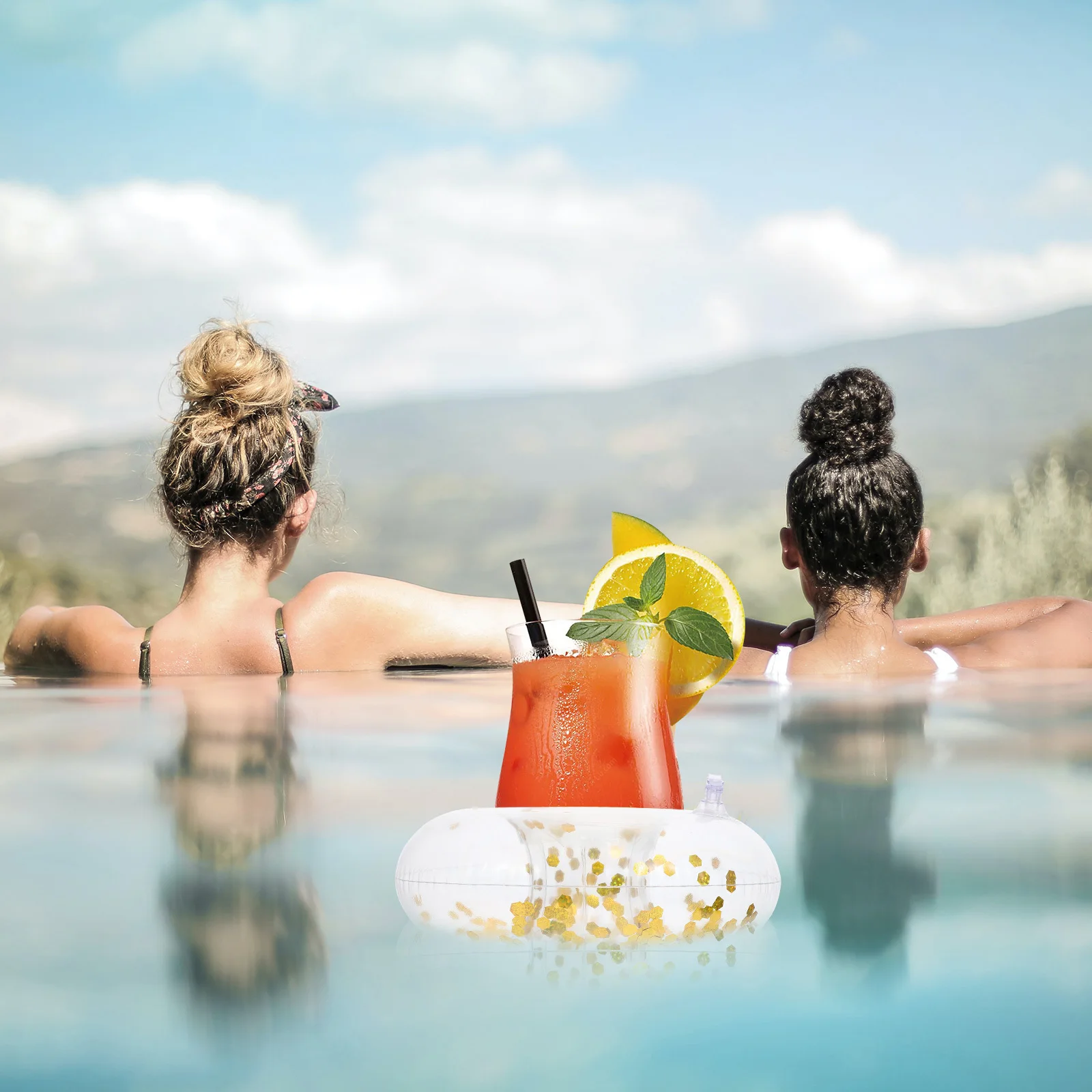 

6Pcs Inflatable Cup Holders Sequins Floating Cup Coasters for Swimming Pool Beach Party PVC Floating Drink Holders