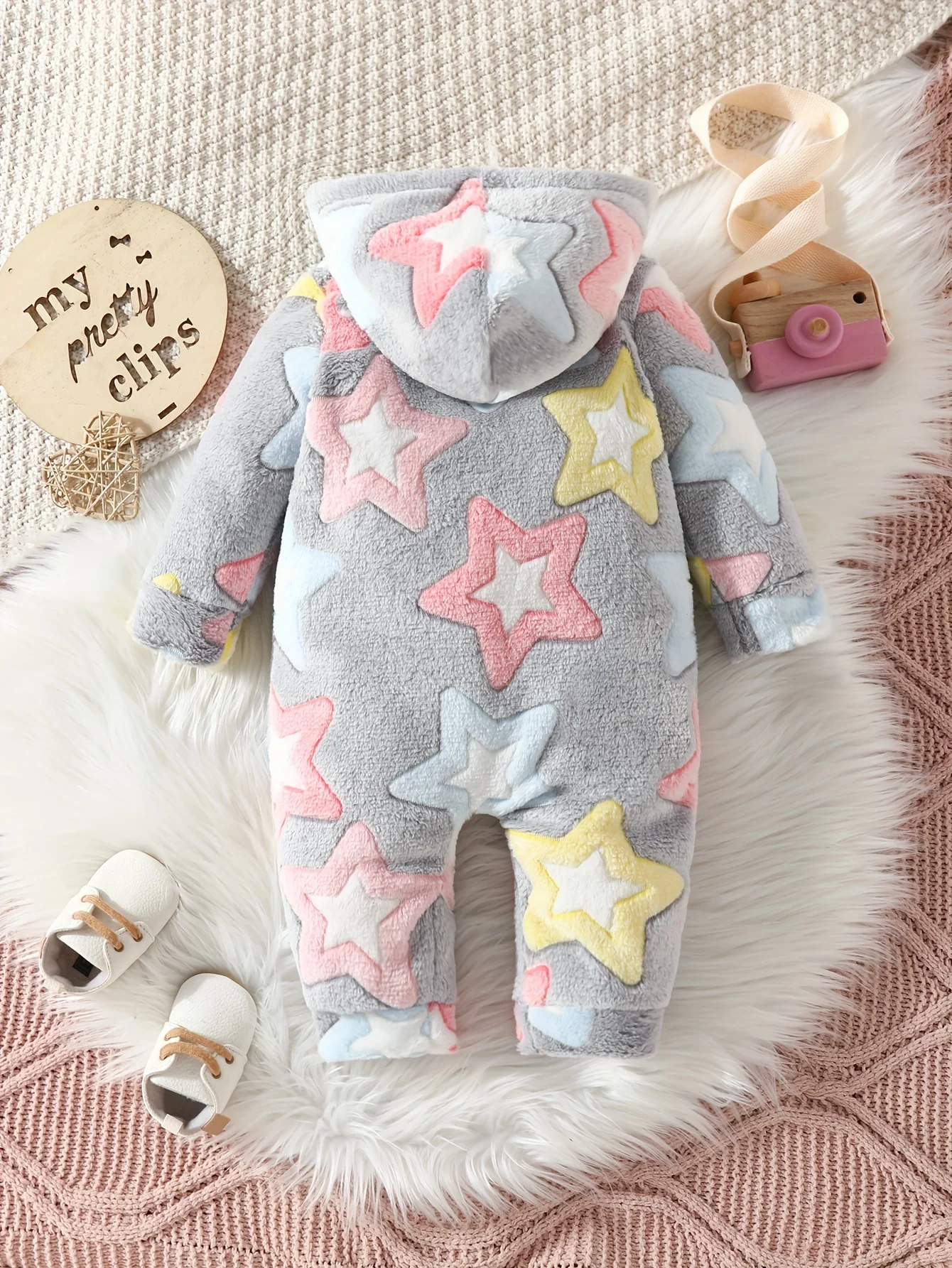 Cute stars autumn and winter furry warm children\'s crawling suit baby plush cute pattern crawling suit