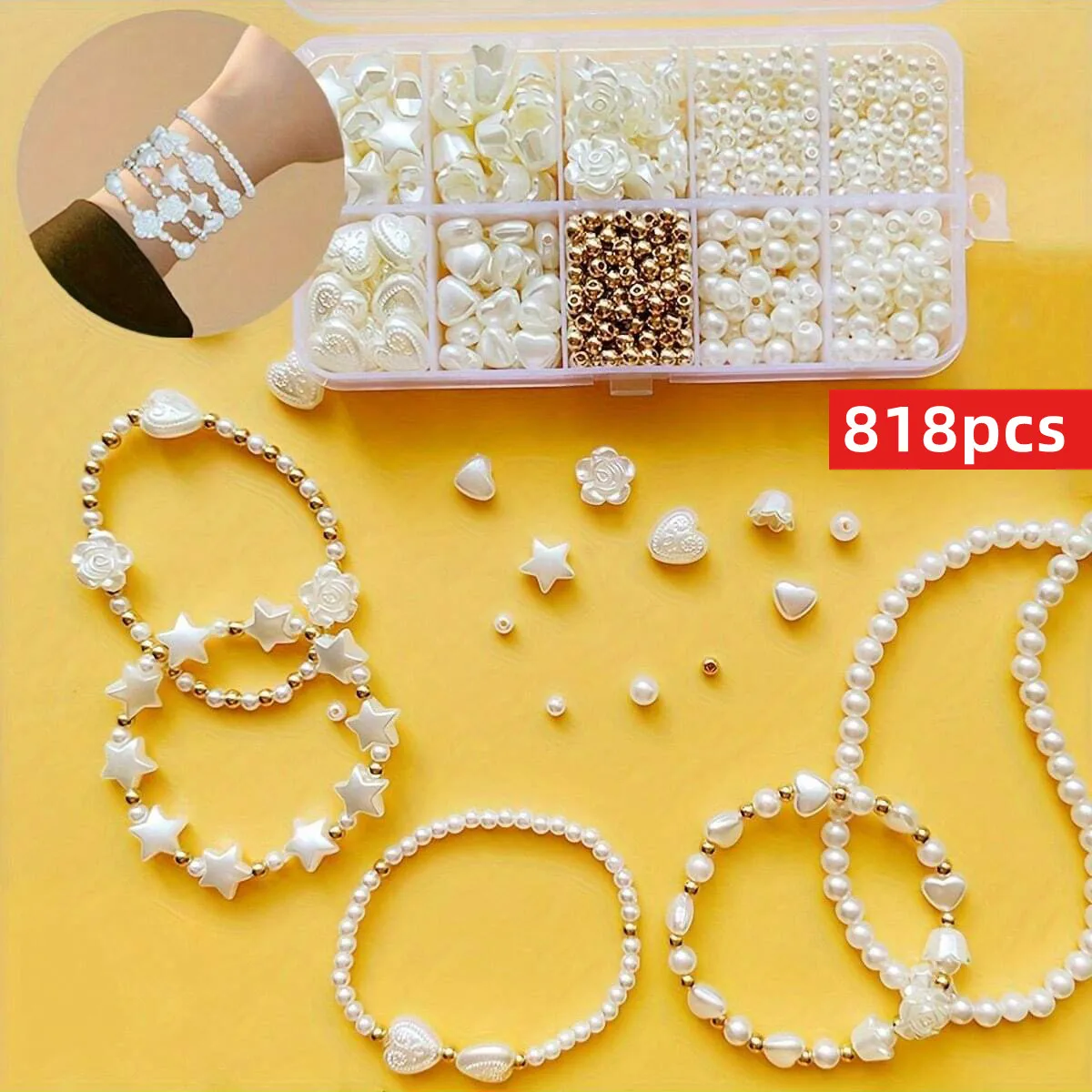 818pcs/set 4-12mm of Pentagram Peach Hearts Mixed with Acrylic Polished Loose Beads Set, Elegant and Suitable for Making