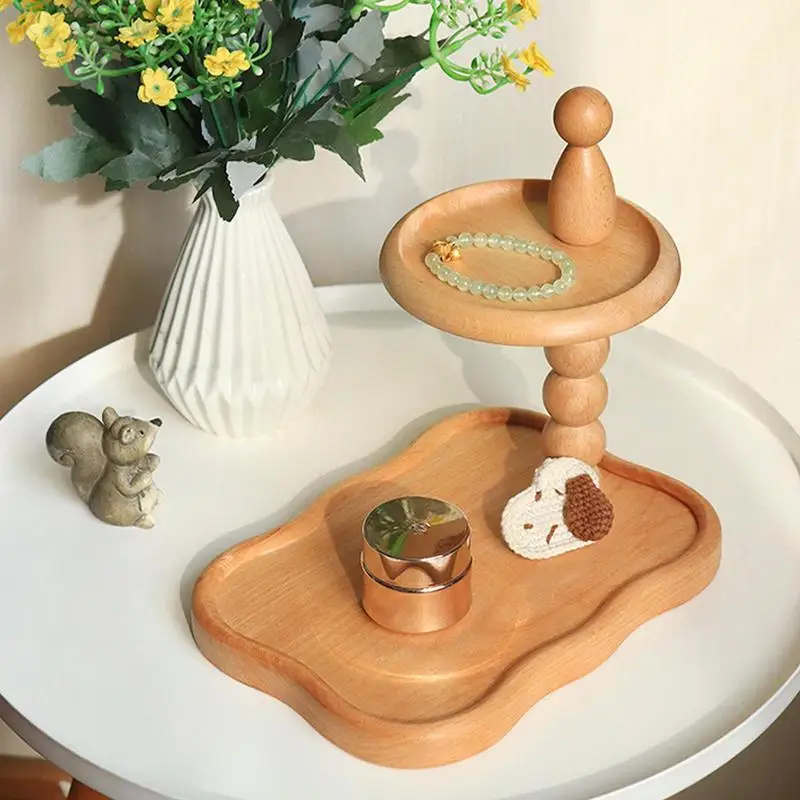 Two Layer Stand Holder Jewelry Ring Dish Display Tray Wooden Double Layer Cupcake Dessert Holder Versatile Key Bowl For Keys