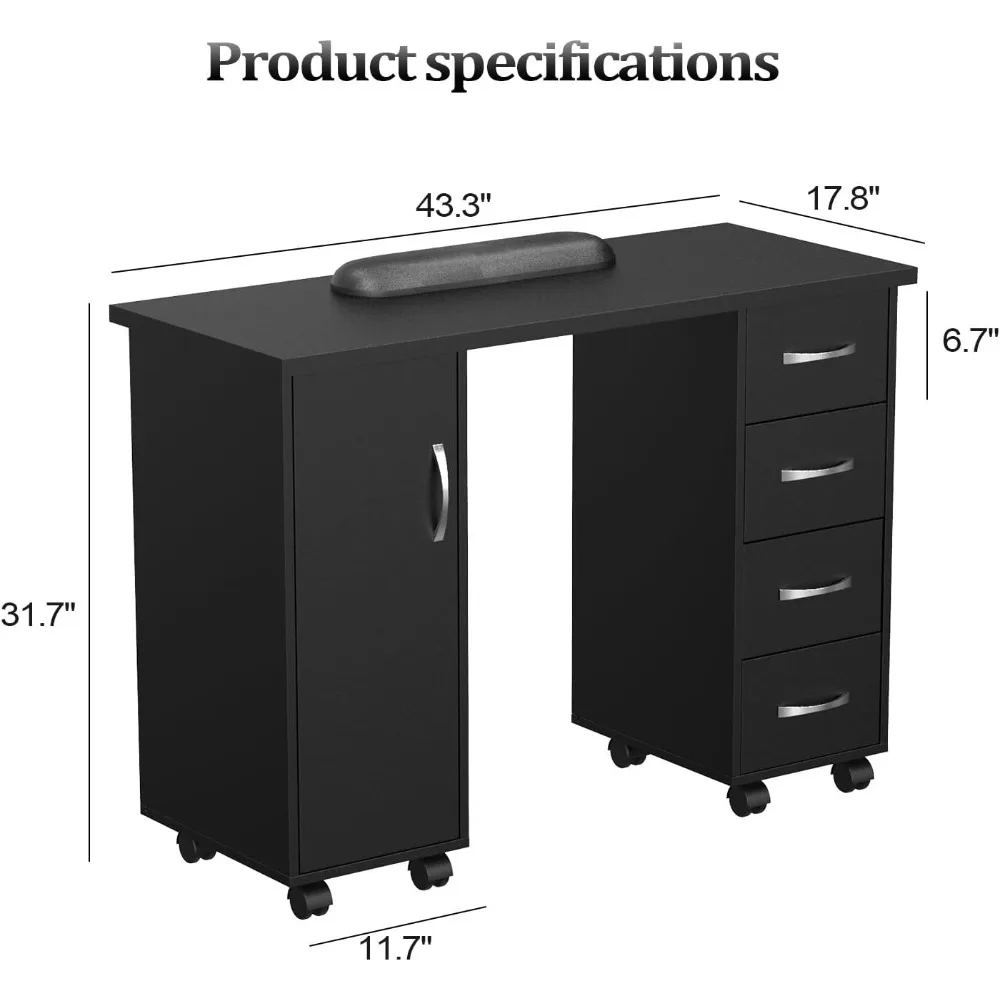 طاولة مانيكير للأظافر مع خزانة، أدراج، عجلات ومسند للذراع، صالون سبا، تجميل منزلي، فني خشبي، محطة عمل فنية للأظافر #3