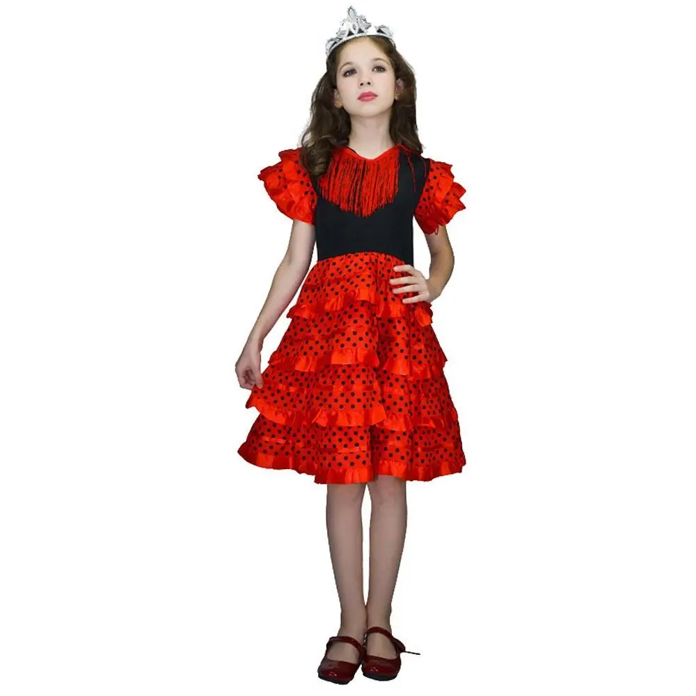 

Fashion Tassel Spanish Dance Dress Short Sleeve Classic Gypsy Dress Traditional Dot Design Children Skirt Carnival
