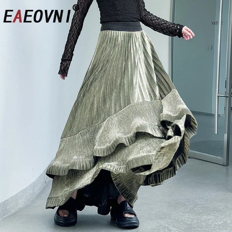 

EAEOVNI Fashion Pleated Irregular Long Skirt Women High Waist Loose Ruffles Patchwork Elegant Long Skirts Casual 2025 New