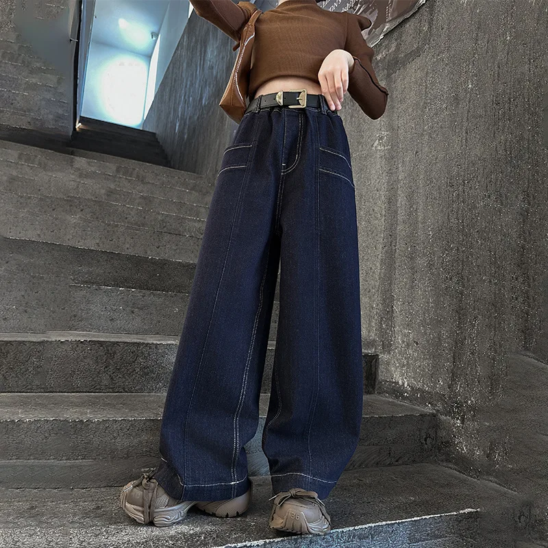 

Junior Girls Denim Pant Autumn Retro High Waist Versatile Children Girls Pant Solid Color Casual School Girls Wide Leg Pant