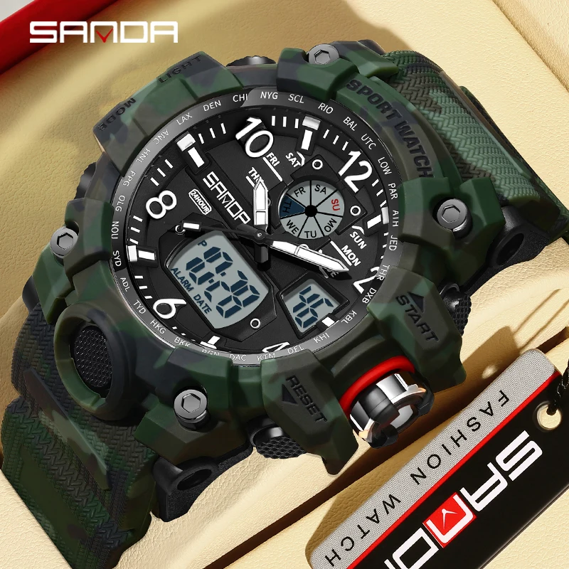 

SANDA Fashion Military Sports Camouflage Mens Watch LED Electron Digital Dual Display Quartz Watch Outdoor Casual Men Wristwatch