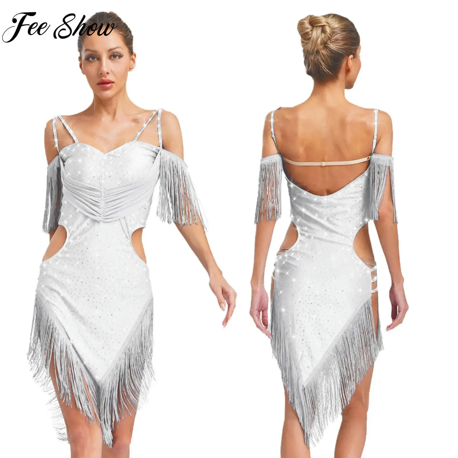

Latin Dance Dress Tassel Skirt for Women Spaghetti Straps Fringe Sleeveless Dress for Jazz Cha-Cha Tango Performance Competition