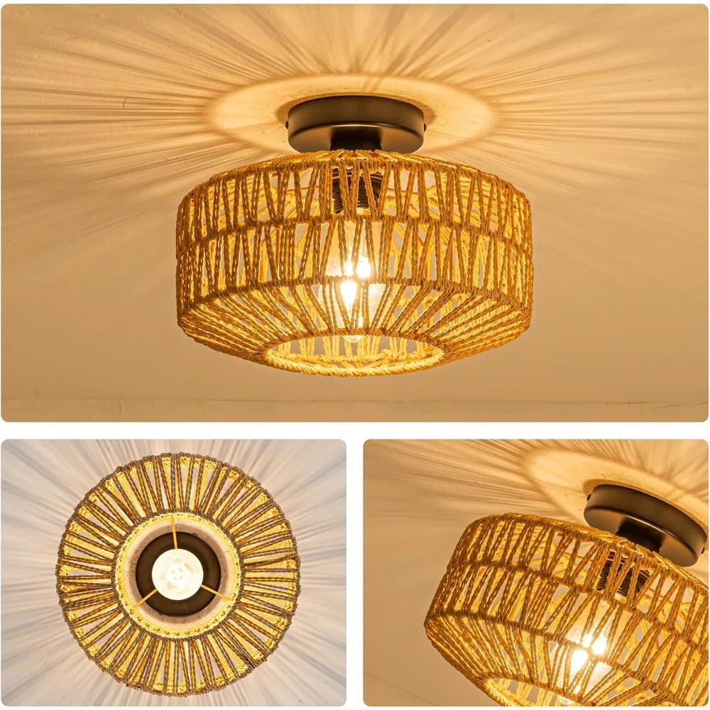Boho Rattan Ceiling Light Hand-Woven Rattan Flush Mount Fixture Fixture for Farmhouse Hallway Bedroom Living Room
