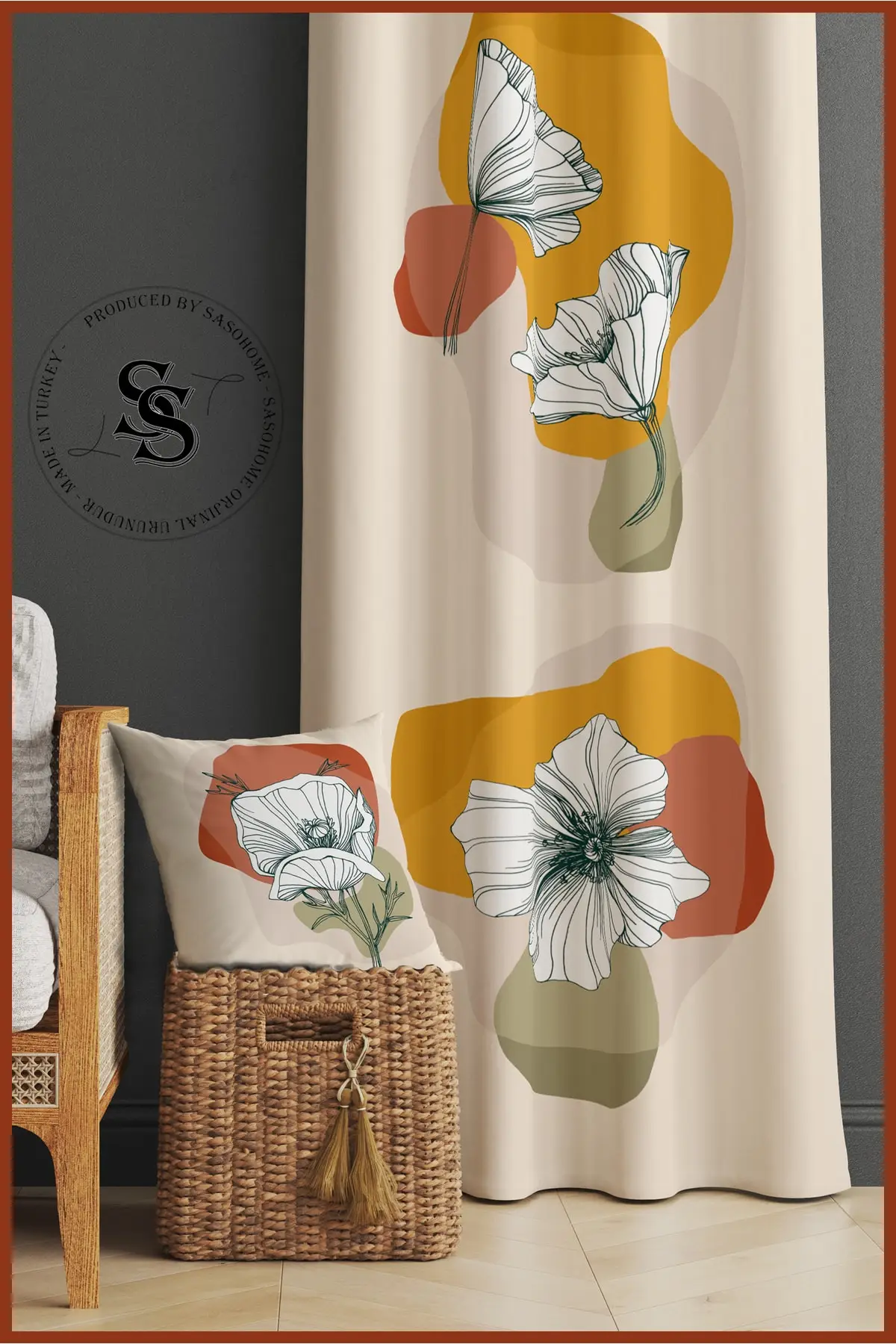 Curtain 140 X 270 Cm Quality Digital Printed Backdrop  With White Flowers Pattern On Cream Background