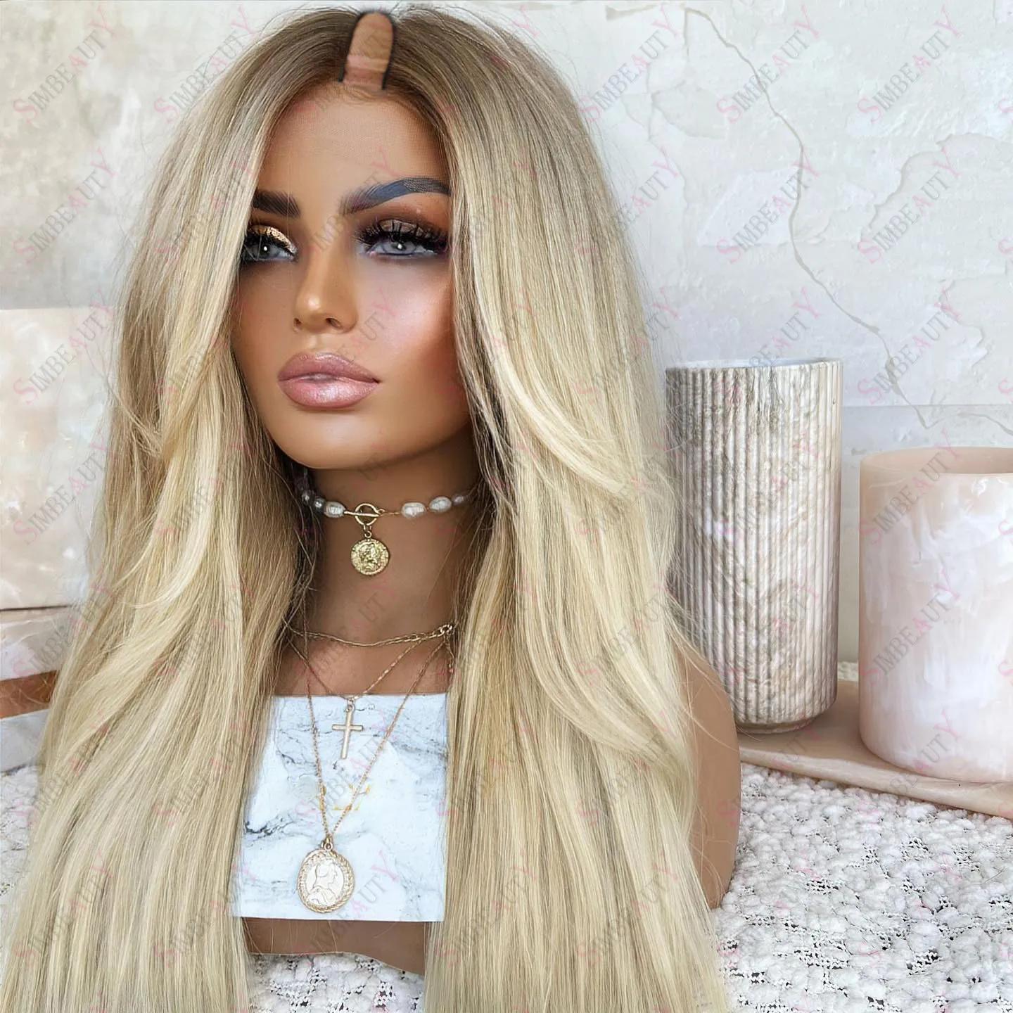 Ombre Platinum Blonde Straight U Part Wigs 1x4 Middle Open Human Hair Wig For Women Brazilian Remy 200density Full Machine Made