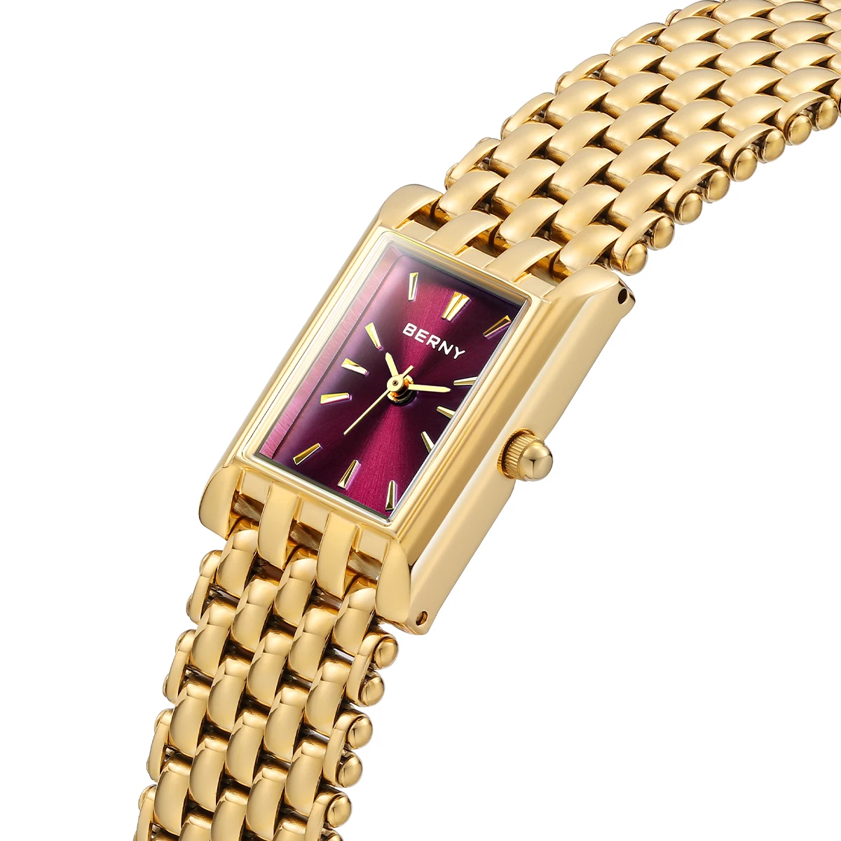 BERNY Gold Watch for Women Burgundy Red Fashion Casual Women Watches Stainless Steel Square Luxury Ladies Quartz Wristwatches