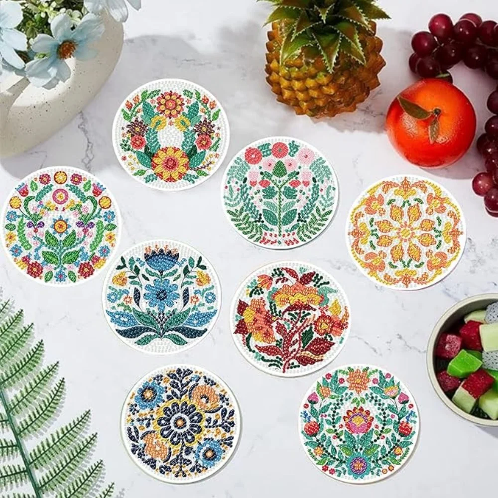 8 Diamond Painting Small Ornaments with Brackets, DIY Diamond Painting Coasters in the Flower Series, Suitable for Adults and Be - view 5
