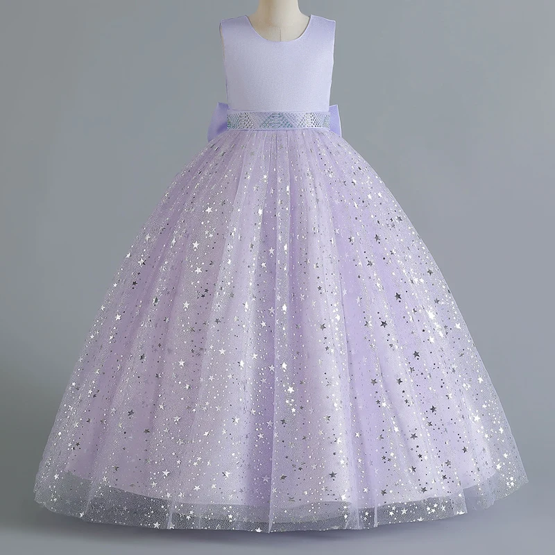 C290 Pink Printing Children's Dress Girls' Princess Girl Wedding Little Summer Sequin Bubble Sleeve Long Mesh Flower Gift
