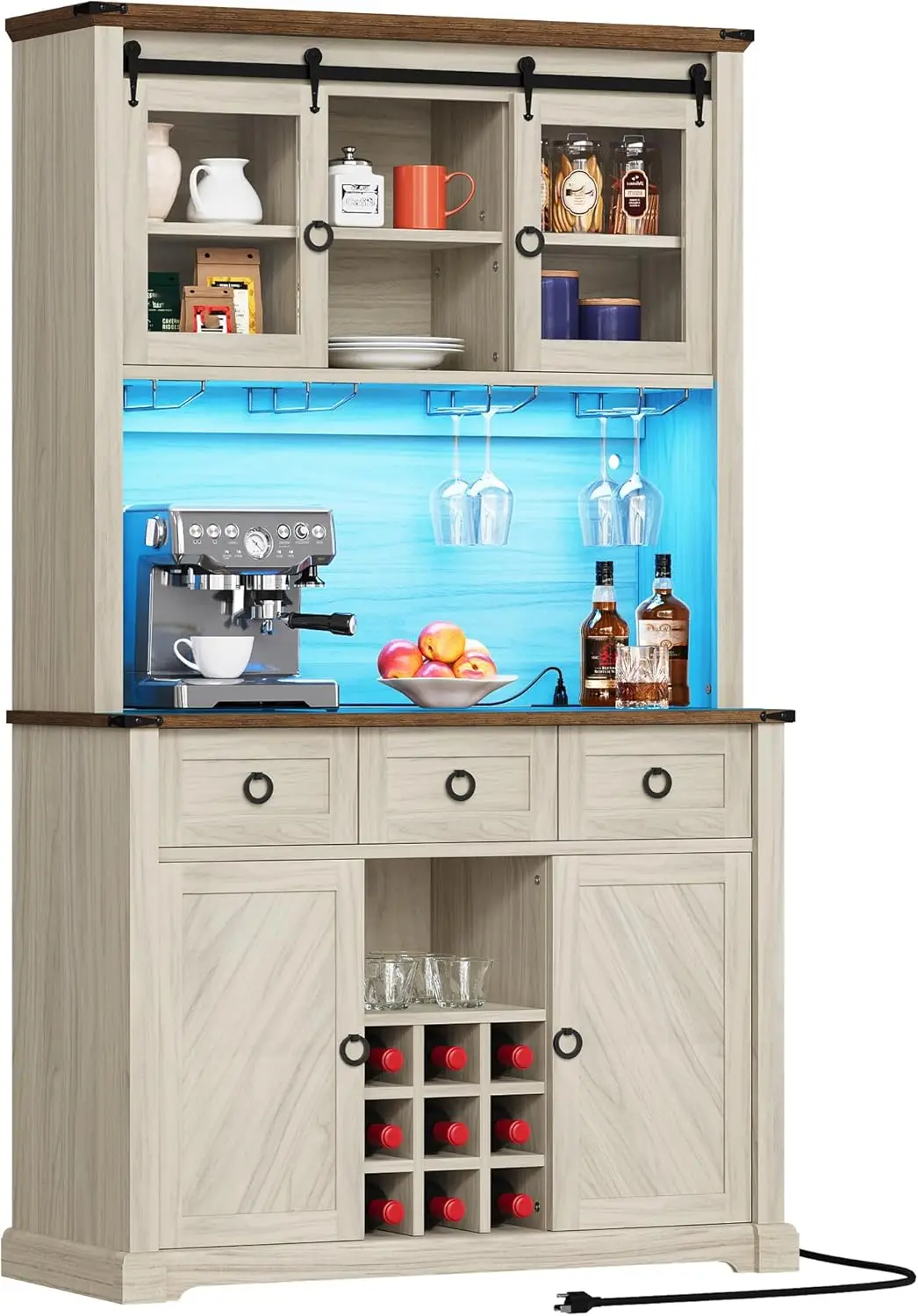 Armoire de bar de ferme avec bouteille T1, cave à vin avec porte-verre à vin, 3 égouts de proximité, buffet de café avec LED, 72 po