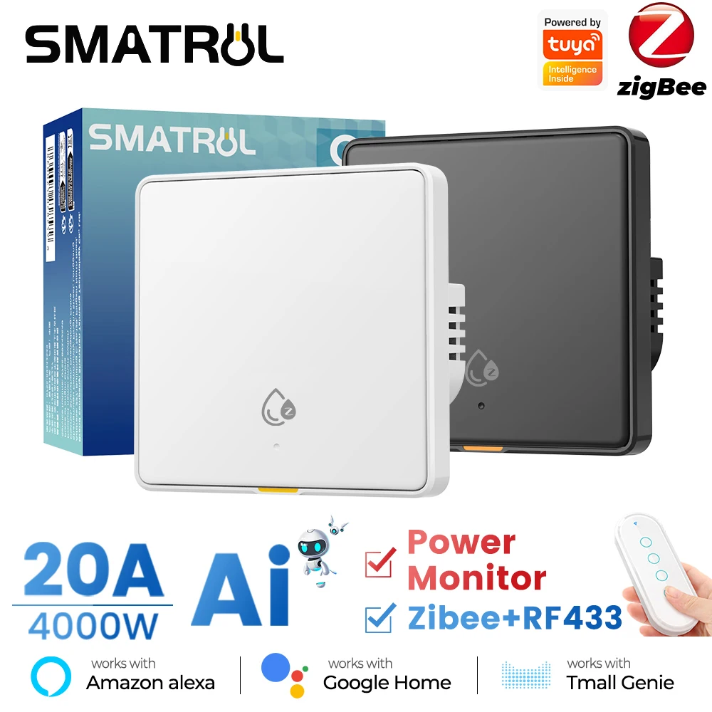 

SMATRUL Tuya Zigbee RF433 AI Switch Power Monitor 4000W UK Smart Switch for Air Conditioner, Water Heater, Works with Alexa