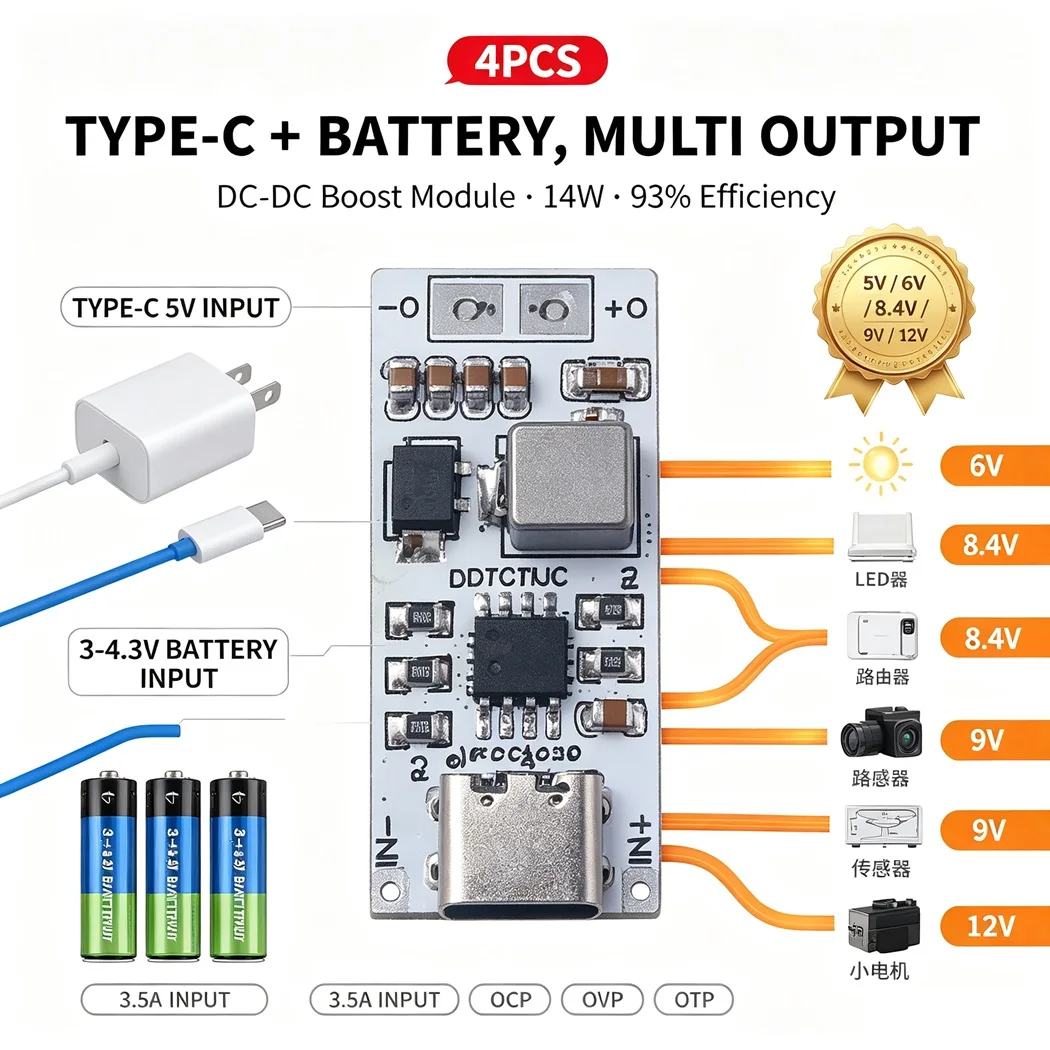 4PCS DC-DC Boost Converter Module 1000KHz Type-C 5V /3-4.3V Lithium Input 6V 8.4V 9V 12V Output 14W Max 93% Efficiency