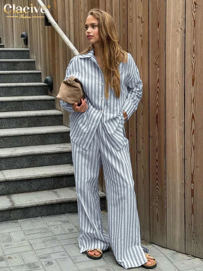 Clacive Fashion Loose Stripe Cotton Trousers Sets For Women 2 Pieces Elegant Long Sleeve Shirt With High Waist Wide Pants Set