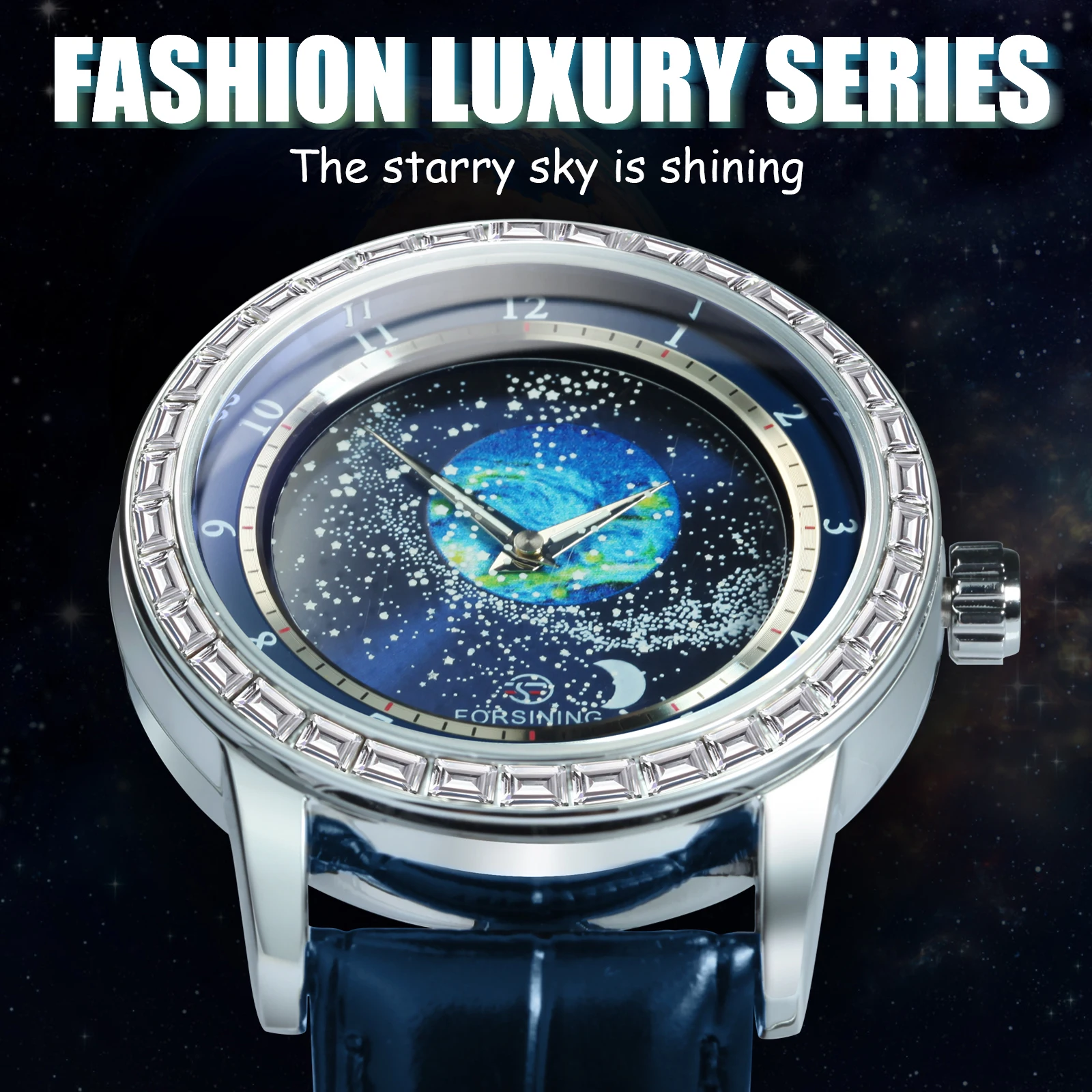 Forsining Luxury Brand Mechanical Watches Fashion Rotating Starry Sky Luminous Dial Casual Leather Belt Automatic Mens Watch New