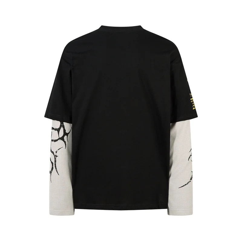 Men's High Street Graffiti T Shirts Fake Two Piece Long Sleeve Teel Loose Fit Oversized Streetwear Hip Hop Tops Pattern Painted