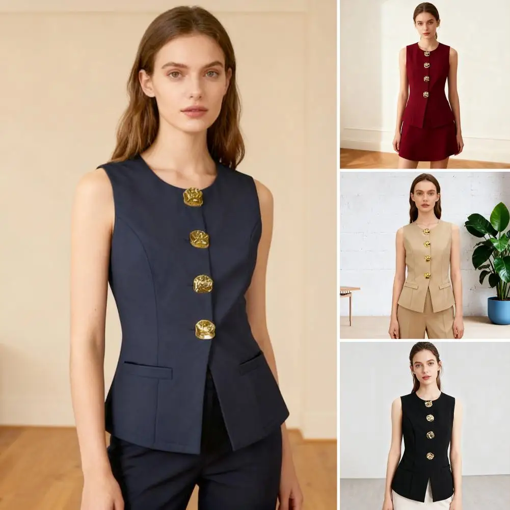 Classic Round Neck Sleeveless Top Women's Sleeveless Blazer Vest Dressy Business Waistcoat Top Casual Button-down for Work
