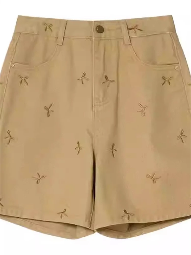 자수 데님 반바지 여성 하이웨이스트 통통한 mm 루즈 슬리밍 와이드 레그 핫팬츠 5부 여름 트렌드 신상 팬츠