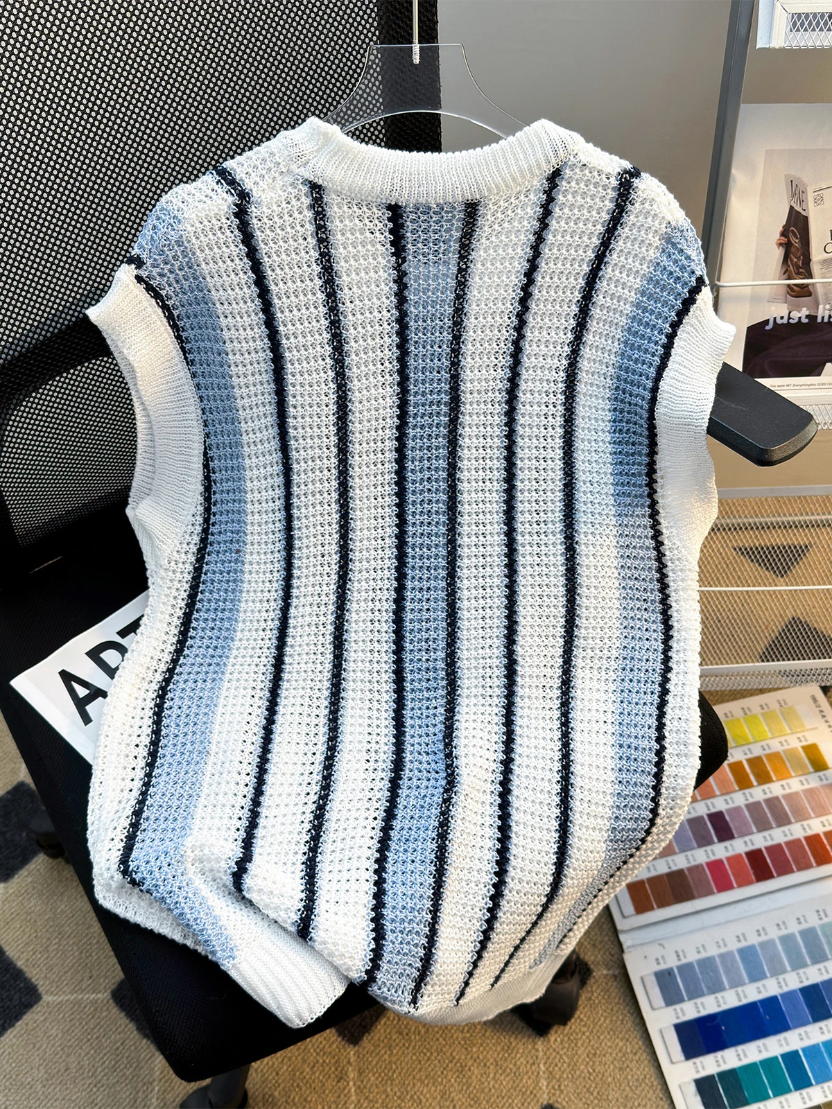 Heavyweight Stripe Loose Knitted Vest Men Summer Sleeveless Simple round Neck Hollow out Shoulder Splice BF Style Casual Wear