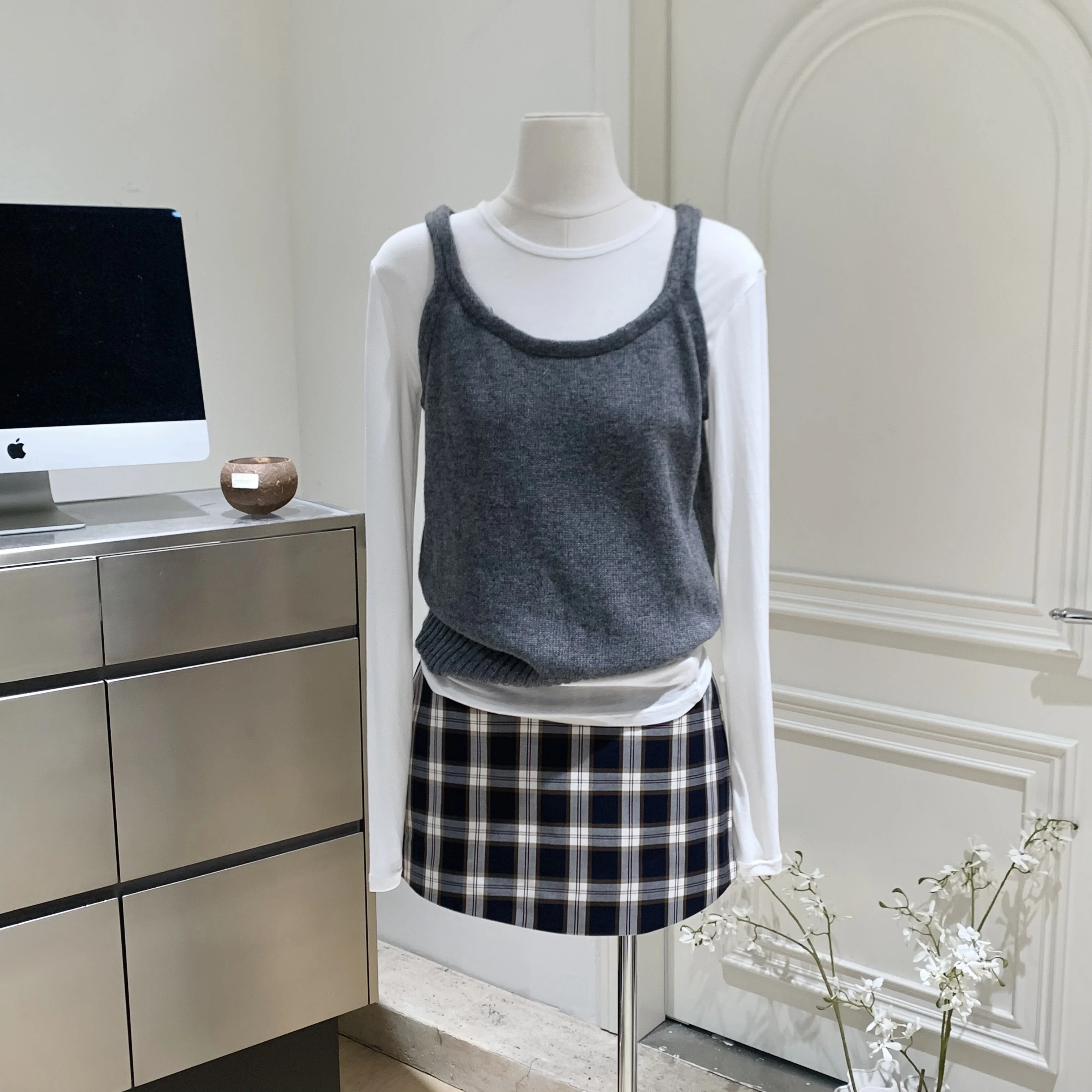 

Women's Spring Autumn Plaid Mini Skirt Lady Streetwear Vintage Slim Short Skirt