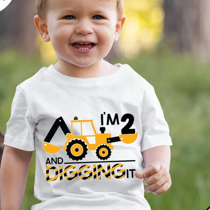 Construction Excavator digging theme boy 1st 2nd first second one two years old birthday party decoration shirt gift Photo props