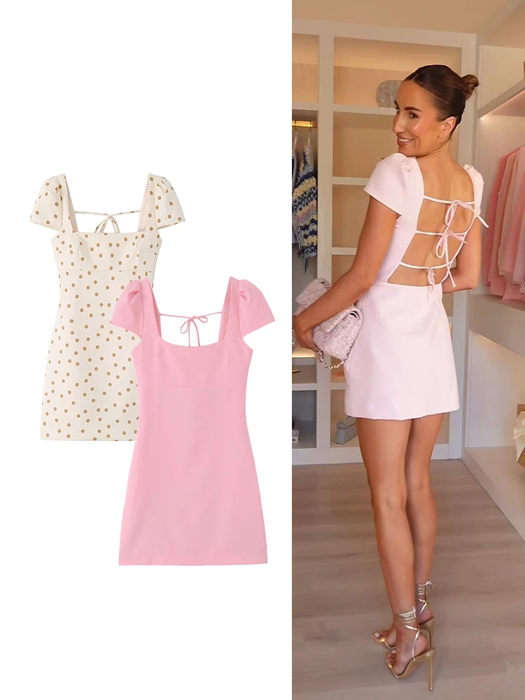 TFMLN Summer Women Bow Backless DressesElegant Short Sleeve Square Neck Slim Fit Dress Evening Party Club Female Dresses