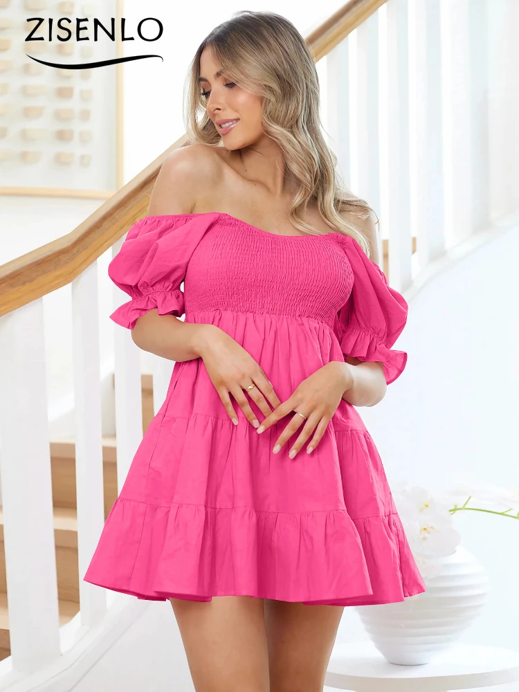 

Fashion Summer Dresses 2024 New Ruffled Cake Dress Slim Temperament Lantern Sleeve Short Solid Dresses Streetwear Vestidos Mujer