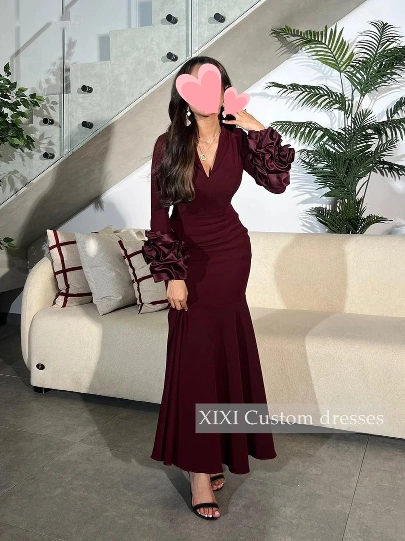 XIXI Customized Evening Dresses A-Line V-Neck Prom Dresses Floor-Length Long Sleeves Lining Zipper Up Women'S Evening Dress