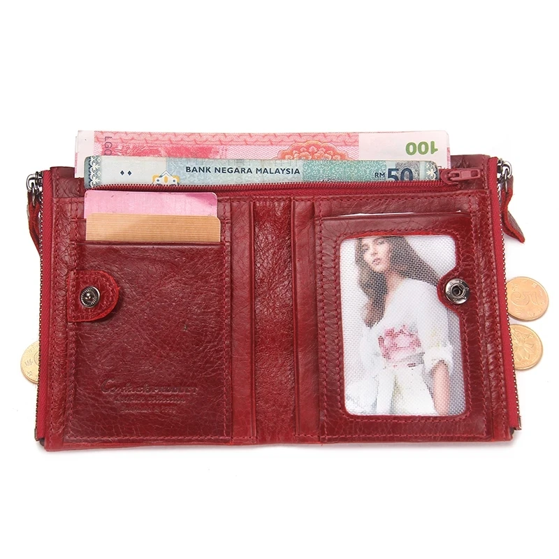 2023 Fashion Genuine Leather Women Wallet Bi-fold Wallets Red ID Card Holder Coin Purse With Double Zipper Small Women's Purse